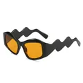 Irregular wavy black frame sunglasses with orange lenses in a 45-degree side view - Black Frame Orange Yellow Lens