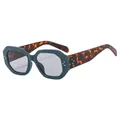 Teal octagonal frame sunglasses with tortoiseshell temples and silver rivet accents - C3 Green Frame Tortoise Temple Grey Lens