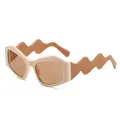 Chic irregular cream sunglasses with unique wavy caramel temples and brown lenses - Blue Frame Green Yellow Lens