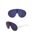 Futuristische weiße Wrap-Around-Sonnenbrille mit blauen Gläsern, Vorder- und Seitenansicht - Weißer Rahmen Blaue Verspiegelte Gläser