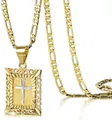 Detaillierte Makroansicht des zweifarbigen Kreuzanhängers mit Figaro-Kette auf Weiß - Rechteckiger Kreuzstil (x602) / 14k / Gold