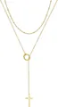 Detail of a gold double-layer necklace featuring small beads and a cross pendant on a Y-chain - Bead Chain Layered Ring Connection Style (x601-2) / 14k / Gold