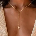 Elegant gold Y-shaped cross necklace with minimalist coffee bean chain for women - Polished Flat Cross Y-Necklace Style (x601-4) / 14k / Gold