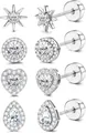 Makroansicht der silbernen Piercing-Ohrstecker mit Zirkonia-Stern- und Herzformen - Stern/Herz/Solitär/Pave (e1745) / Silber