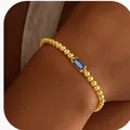 Bracelet minimaliste à billes dorées avec un zircon bleu rectangulaire pour femmes - 14k / Or Décembre (Bleu)
