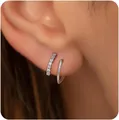 Silver double hoop earrings with cubic zirconia inlay on one band shown on ear - 14k / Silver