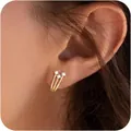 Primer plano de pendientes dorados de tres filas con circonitas de corte cuadrado - Estilo de piedra cuadrada pavé de tres filas (e1802) / 14k / Un par / Dorado