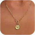 Golden paperclip chain necklace with sun compass pendant and OT toggle clasp on model - Paperclip Compass Pendant (x673) / Gold