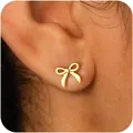 Minimalist bowknot stud earring in polished gold finish shown on a female earlobe - Minimalist Polished Bowknot Style (e1797) / 14k / One Pair / Gold