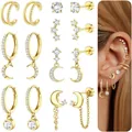 Ensemble de boucles d'oreilles en laiton doré avec motifs étoile, lune et zircons - Combinaison de Chaîne d'Étoile (e2357) / Ensemble de 7 Paires / Or