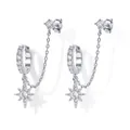 Macro shot of S925 sterling silver star earring with chain and cubic zirconia detail - Silver Sunburst Pendant Stud Hoop
