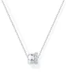 Macro detail of intertwined double circle pendant with zircon stones on silver cross chain - Double Ring (x111) / 14k / Silver