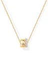 Macro detail of gold double-circle pendant with paved white zircons on a delicate chain - Double Ring (x111) / 14k / Gold