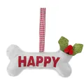 White bone-shaped felt Christmas ornament with red Happy text and holly leaf detail - Happy Letter Style / White Bone Style