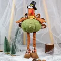Telescopic plush turkey doll with green pumpkin body and long plaid legs for autumn decor - Green