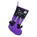 Paarse Halloween heksendecoratie sok met gestreepte benen en Booo! spinnenweb motief - Zwart