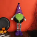 Halloween gnome with purple skull hat, bright green beard and black striped telescopic legs - Purple Hat Green Beard Style