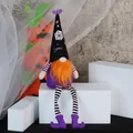 Halloween faceless gnome with long striped legs and black Boo spider web hat ornament - Black Hat Orange Beard