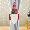 Christmas gnome curtain tieback with red plaid hat and long white beard on grey fabric - Grid Hat Gnome Style