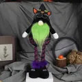 Halloween ξωτικό γάτα με φωσφοριζέ πράσινη γενειάδα και μωβ ριγέ βελούδινα πόδια - Στυλ Μαύρου Καπέλου (Θέμα Μαύρης Γάτας)