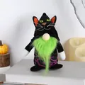 Halloween black cat gnome plush with long green beard and purple pattern details - Black Cat Style Sitting