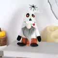 Halloween ghost gnome plush with white spider hat and orange plaid pants on wood - Ghost Style Sitting