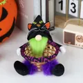 Πλεκτό καλάθι με μαύρο γατάκι gnome Halloween με μοβ διακοσμητικά και καπέλο - Καλάθι Διακόσμησης Μαύρη Γάτα