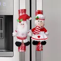 Christmas refrigerator handle covers with 3D Santa and Snowman chef dolls in red plaid - Christmas Chef Hat Fridge Cover Set