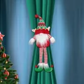 Christmas gnome curtain tieback with red green knitted hat and striped legs - Long Leg Christmas Elf