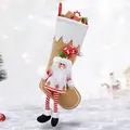 Christmas stocking with brown waffle fabric and plush long-legged doll decoration - Male Santa Claus Style