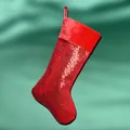 Sparkling red sequin Christmas stocking with silver diagonal stripes for holiday decor - Red