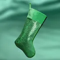 Hanging green sequined Christmas stocking with soft velvet cuff for festive fireplace decor - Green