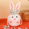 Plush bunny drawstring gift bag in white with long pink ears for Easter candy - Green