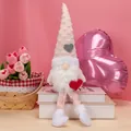 Pink Valentine's Day long-legged gnome plush with polka dot hat holding a red heart - Beige
