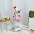 Gnome lapin de Pâques debout en robe florale et nœud rouge pour décoration intérieure - Lapin Télescopique Robe Écossaise Rose