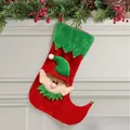 Red and green Christmas elf stocking with golden bells and 3D plush elf decoration - Red Elf Stocking