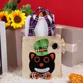 Bolsa de Halloween de arpillera con gato negro y asa de cuadros para fiestas infantiles - Estilo Gato Negro