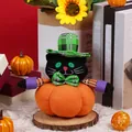 Halloween black cat pumpkin plush doll with green checkered hat and festive bow tie decor - Black Cat Style