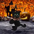 Halloween black cat plush hanging ornament with leopard print bowtie and green eyes - Black Cat Style