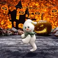 Plush white ghost Halloween ornament with green striped bow and golden hanging cord - Ghost Style