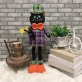 Standing Halloween black cat doll with telescopic legs and purple plaid vest for party decor - Black Cat Style