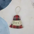 Bell-shaped Christmas plaid stocking ornament with JOY print and rustic burlap details - Bell Style (Joy)