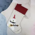 Beige linen Christmas stocking with polar bear embroidery and red pom-pom cuff - Christmas Bear Style