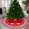Red knitted Christmas tree skirt with reindeer silhouette and Merry Christmas text - Christmas Knitted Reindeer Tree Skirt