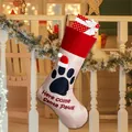 Dog paw print burlap Christmas stocking with Here come Santa Paws text and red velvet cuff - Dog Paw Here Come Santa Paws