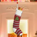 Knitted Christmas stocking with red and grey stripes and green tree embroidery - Christmas Tree