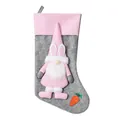 Cute pink and grey Easter stocking featuring a plush bunny gnome and carrot decoration - Gray
