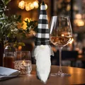 Christmas gnome wine bottle cover with black and white plaid hat and white faux fur beard - Black and White Plaid