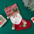Knitted Christmas stocking with 3D Santa Claus figure and green snowflake pocket décor - Santa Claus / Dark Red