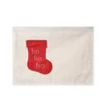 Beige linen Christmas placemat with red 'ho ho ho' stocking patch and fringe edges - Jute Style